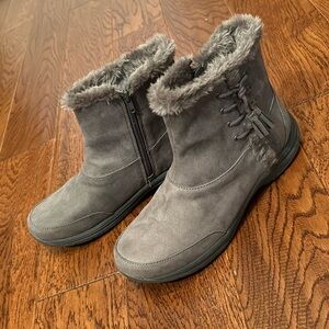 Gray faux fur trimmed ankle boots